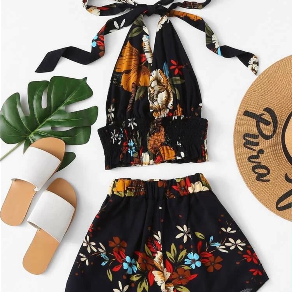 Shein Floral Print Smocked Halter Top & Shorts Set